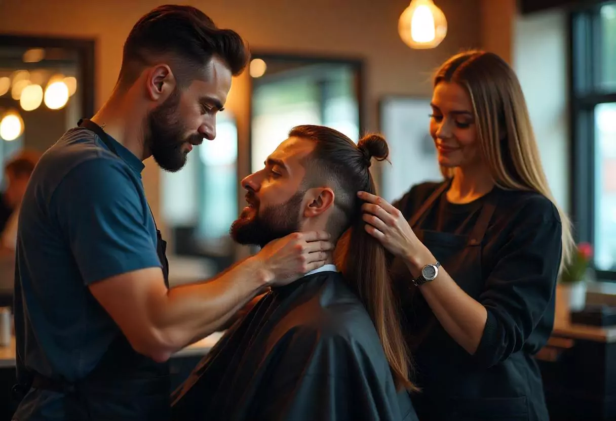 Barber vs hair stylist working side by side at JC Clips hair salon Becker MN